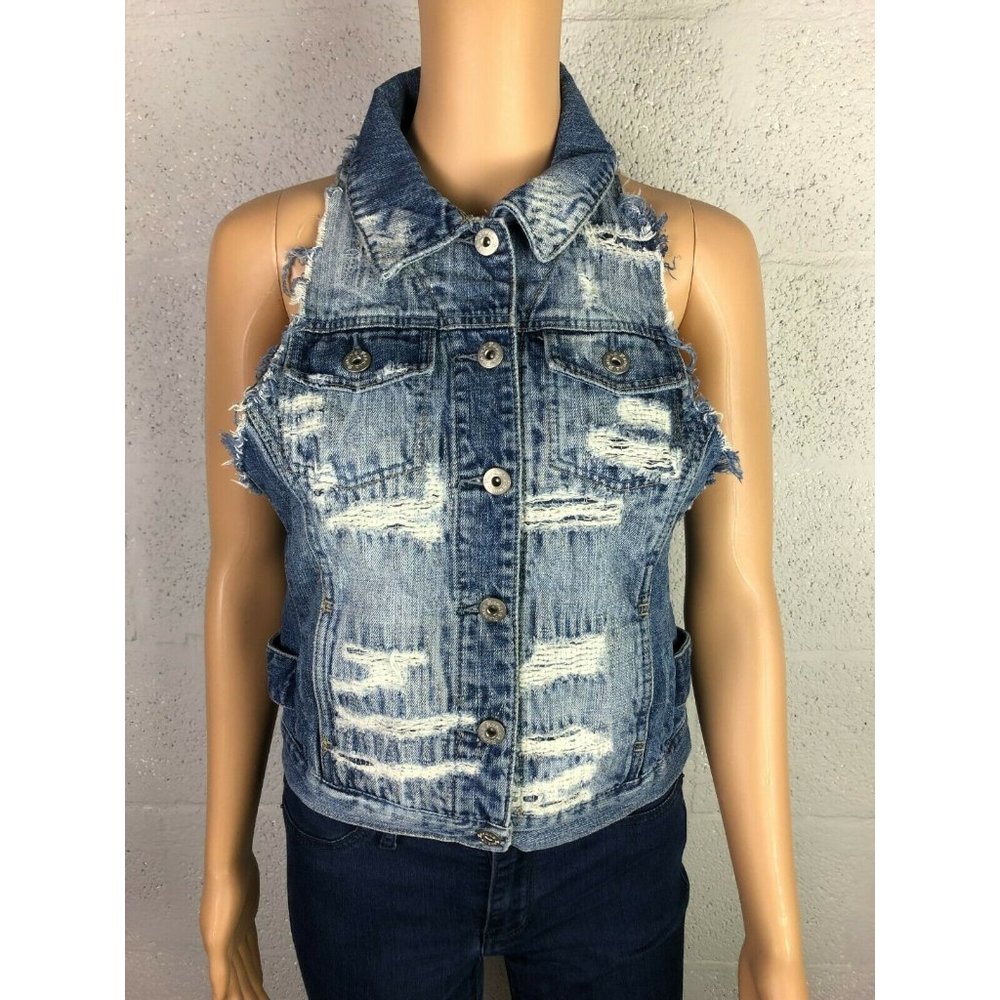 Vintage Havanna Distressed Sleeveless Denim Vest Jacket Style Hood Size S